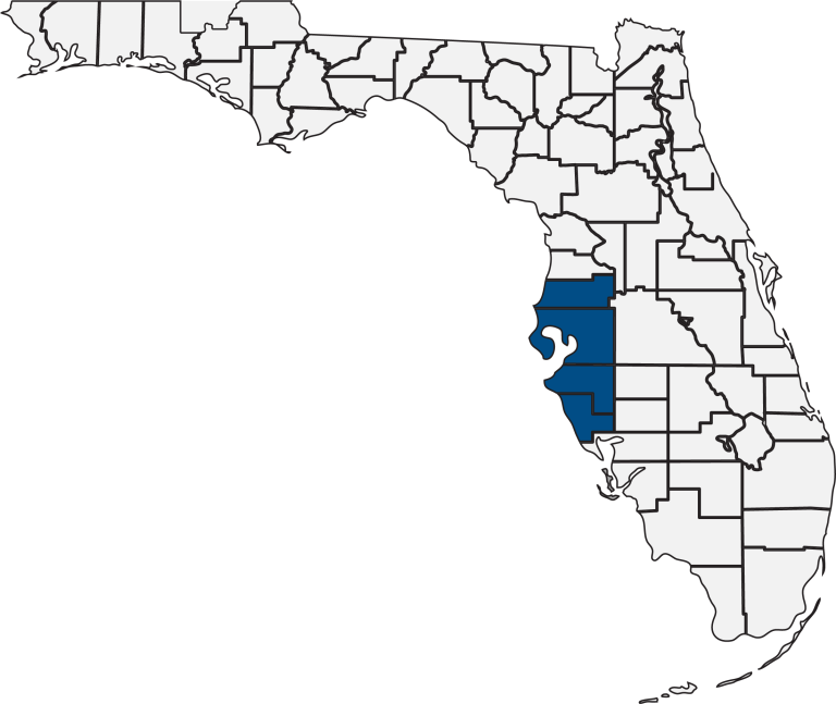 Map of Florida highlighting in blue the areas served by TWI Reconstruction